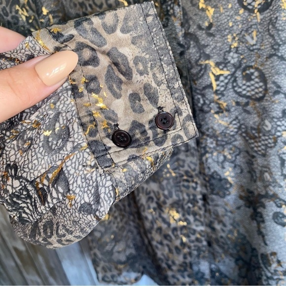 Lane Bryant Brown & Gold Mixed Print Sheer Button Down - Picture 3 of 6